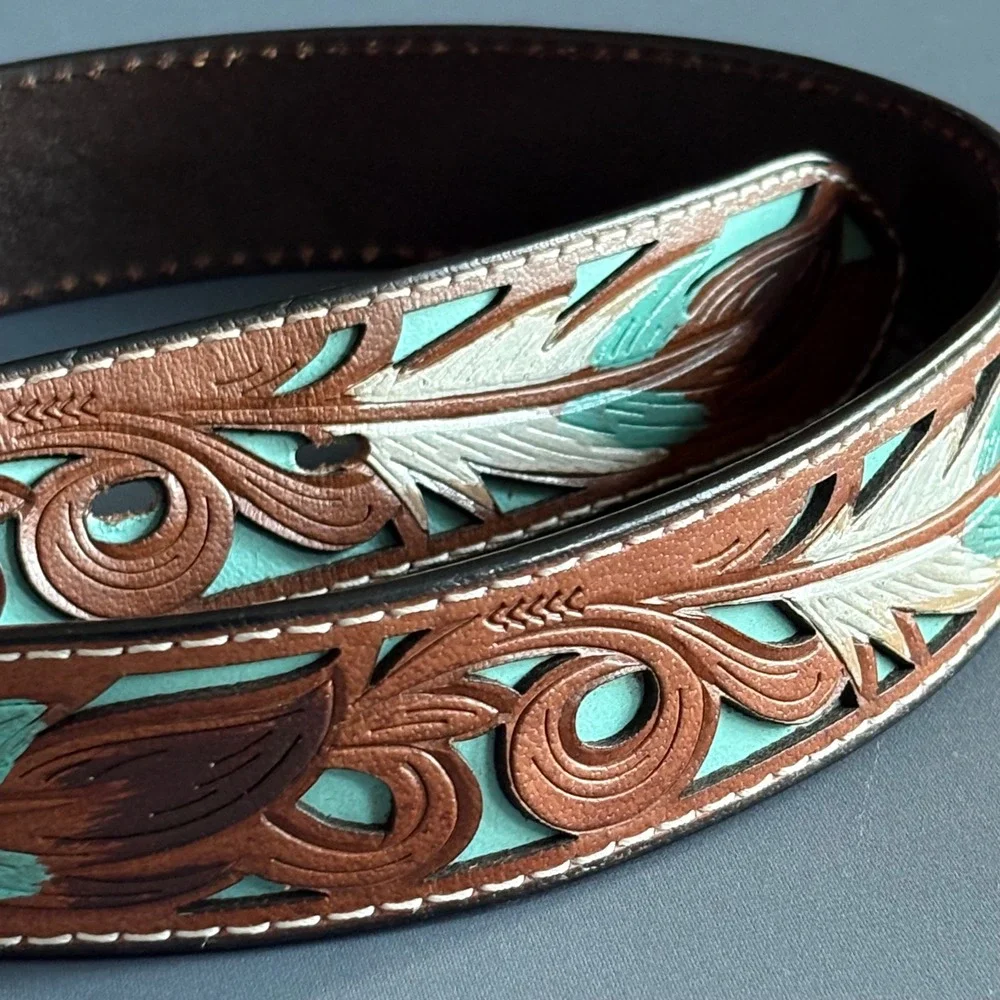 Nocona Mens Brown Leather Tooled Feather Turquoise Western Belt | Sz 34 |